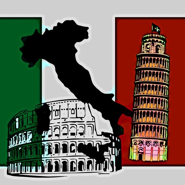 Bild einer Italienflagge, mit Umriss der Italienischen Halbinsel und des Colosseum